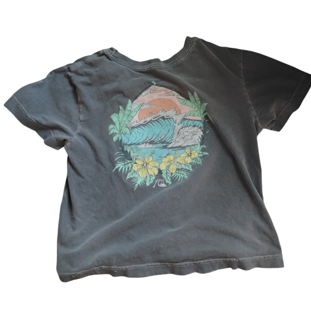 COPY - Quiksilver dark grey beachy t-shirt with flower and wave design, size me…